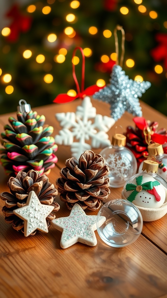 A variety of DIY Christmas ornaments including painted pinecones, salt dough shapes, and photo-filled clear ornaments on a rustic table.